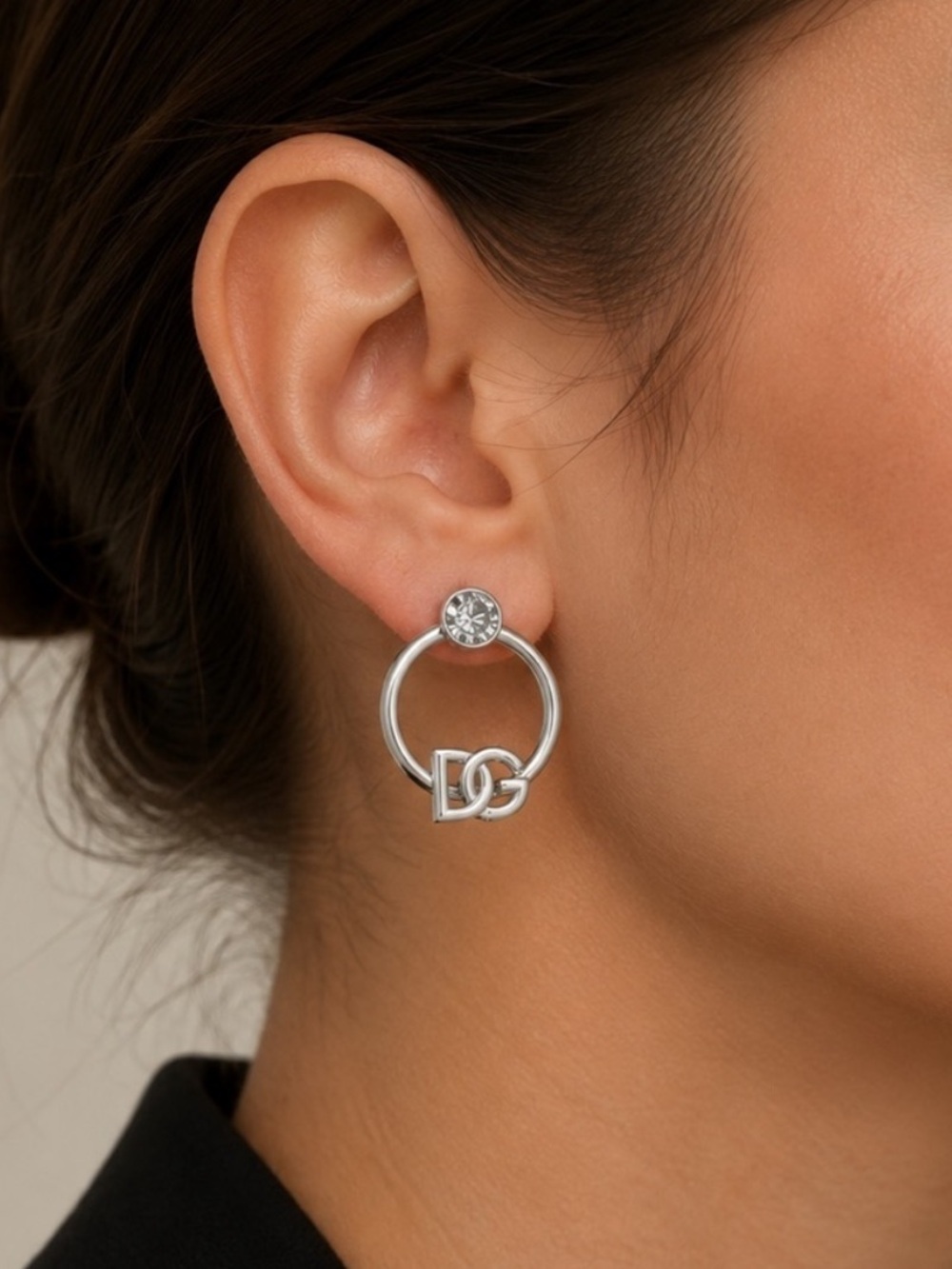 DG Logo Hoop Drop Earrings in Silver with Crystal Stud